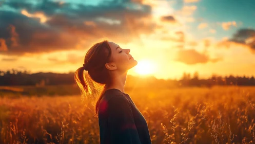 Young woman enjoying serene sunset in golden field, dreamy style.
