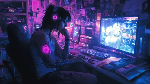 Neon lit gamer girl lost in a dreamy cyberpunk night.