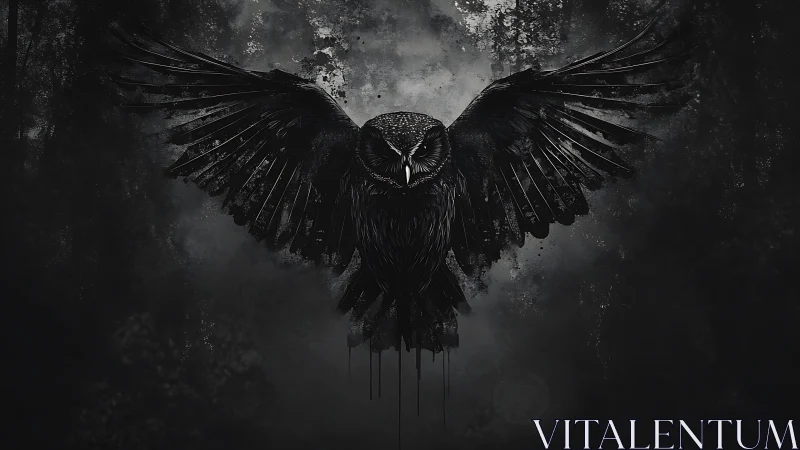 Midnight owl spreads inky wings across a moody forest sky