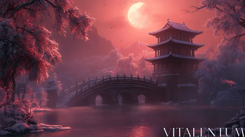 Crimson moon over snow bridge and ancient pagoda temple.