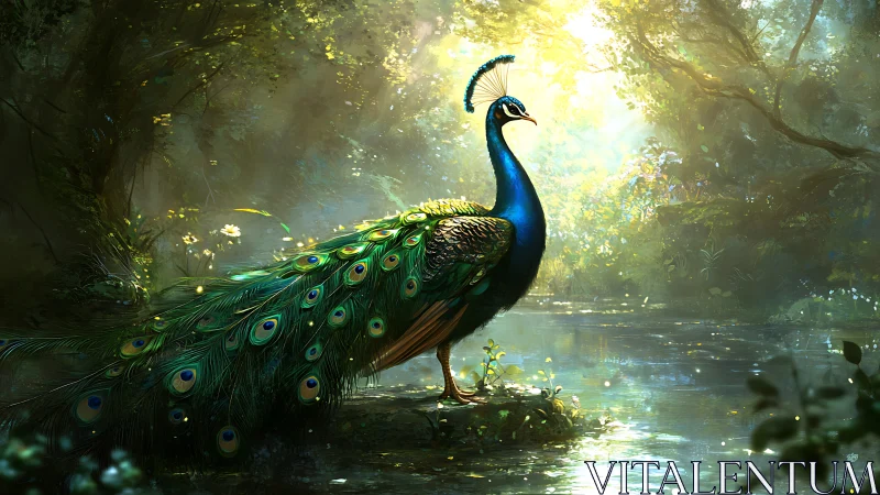 Iridescent peacock stands beside sunlit forest pool