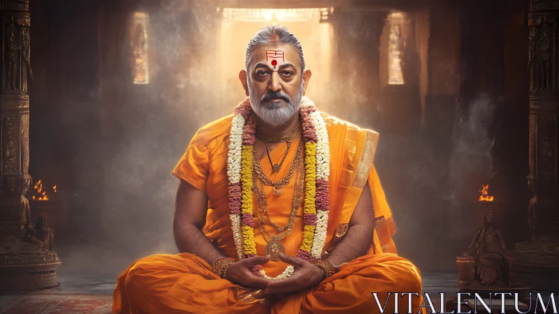 Meditative Hindu guru in orange robes inside temple interior.
