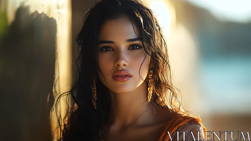 Portrait of woman in warm backlight near reflective wall.