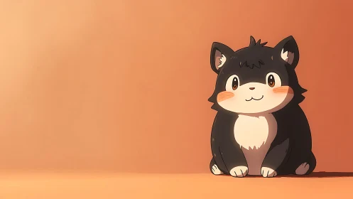 Chibi black and white cat character on minimal warm backdrop.