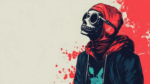 Skull pilot in scarlet hoodie gazes upward through inky silence