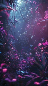 Bioluminescent jungle path under magenta and cyan rim light.