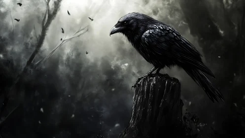 Solitary Raven on Weathered Timber Post: Digital Painting.