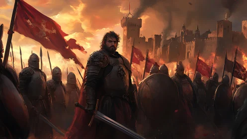 War-weary knight leads burning siege under crimson sky.