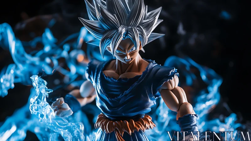 Silver‑haired warrior crackles within a storm of blue power