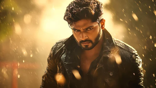 Intense bearded man stares through golden rain backlight