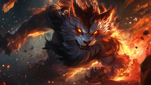 Fiery demonic wolf lunges forward through burning chaos.