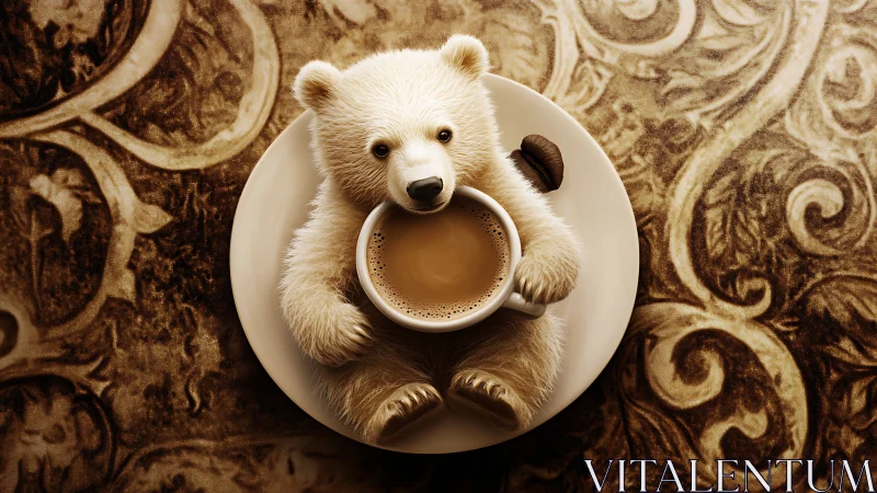 Photorealistic baby bear latte on ornate sepia tabletop plate.