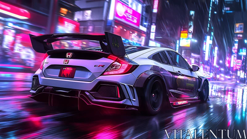 Honda Civic Type R tuner in neon-soaked rainy night cityscape