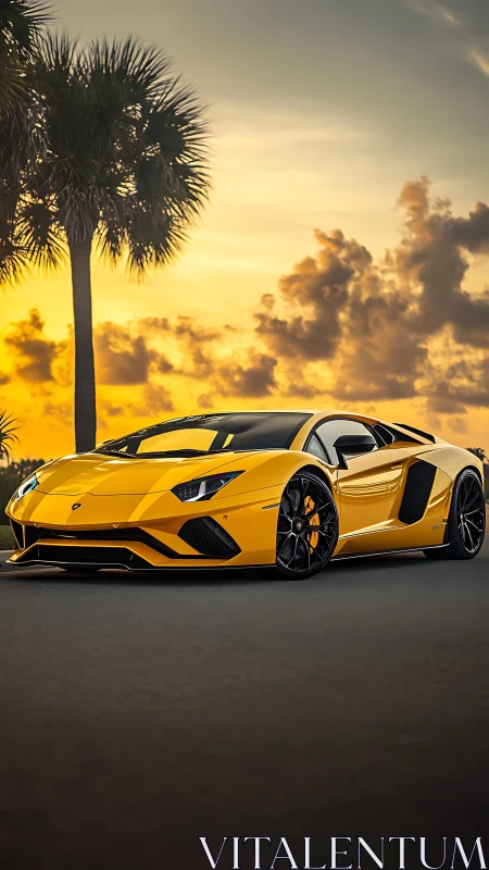 Golden supercar glows against a laid-back sunset sky.
