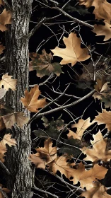 Brown oak leaves and grey tree bark on black background.