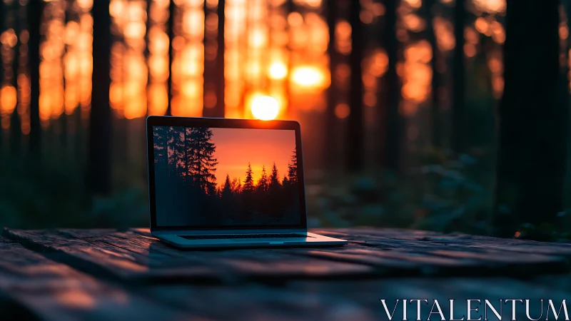 Sunset forest laptop inviting calm focus in nature.