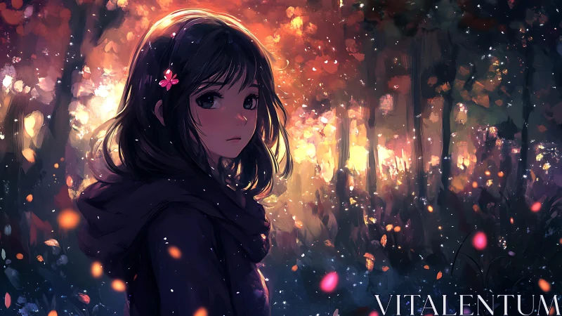 Girl with dark hair in luminous abstract forest scene.