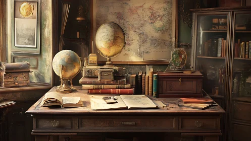 Historian&rsquo;s study desk with globes and archival cartography.