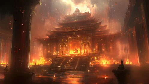 Radiant fractal pagoda amid volumetric ember-lit sanctum.