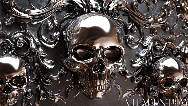 Shiny Metallic Skulls with Ornate Baroque Details in Dark Setting.