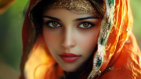 Woman in ornate orange veil with vivid amber eyes.