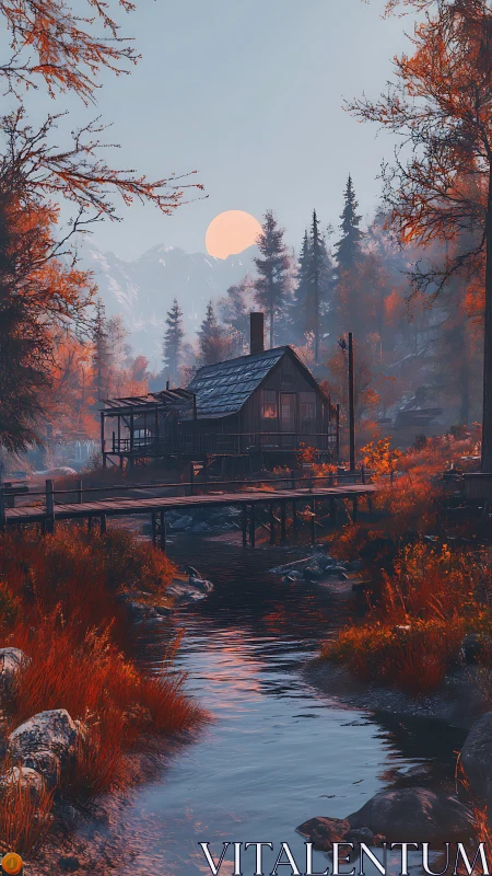 Autumn riverside cabin under low sun in cinematic digital painting