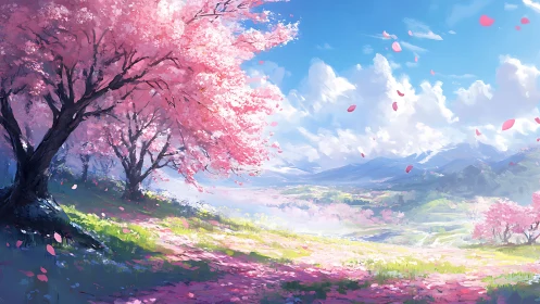 Vast spring valley under blooming cherry trees and drifting petals