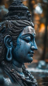 Side profile of wet stone deity statue in shallow water.