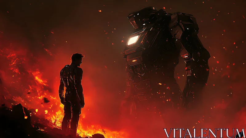 Cyberpunk inferno standoff with armored mech in molten debris.