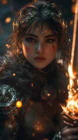 Battle-scarred ember queen holding a mythlit flaming sword.