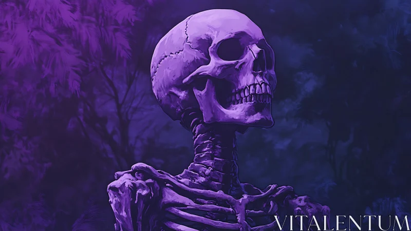 Violet nightwatch skeleton gazes upward in neon gloom.