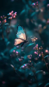 Butterfly on small blossoms in low light garden setting.
