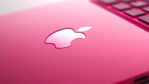 Close-up of glossy pink laptop lid with logo detail.