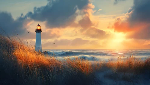 Lighthouse sentry glows over windswept dunes at sea dawn.