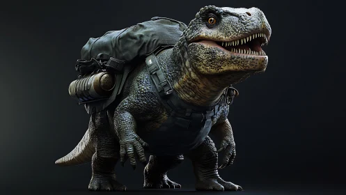 3D rendered dinosaur with tactical pack stands in profile