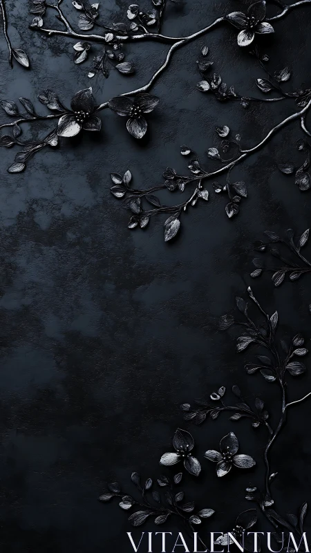 Dark metallic floral branches on textured black background.