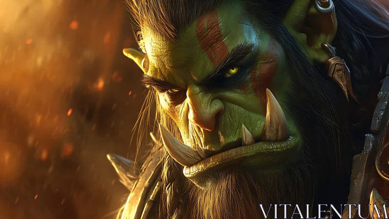 Battle-scarred orc warrior glares through blazing embers