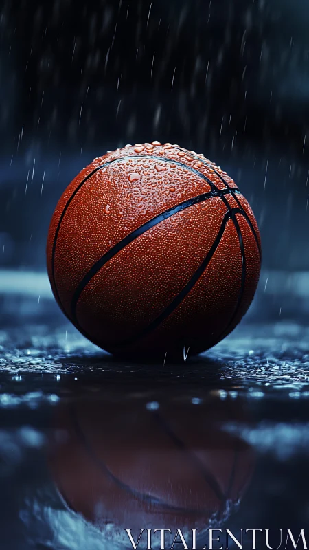 Wet basketball rests on reflective court under pouring rain