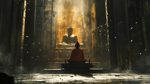 Monk meditates before golden Buddha in sunlit temple hall.