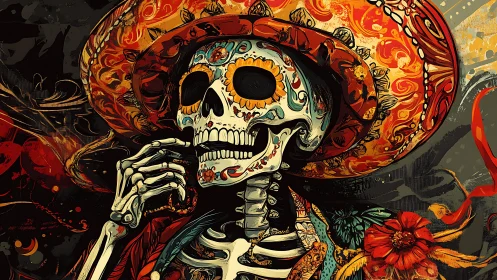 Sugar skull mariachi skeleton in blazing floral sombrero.