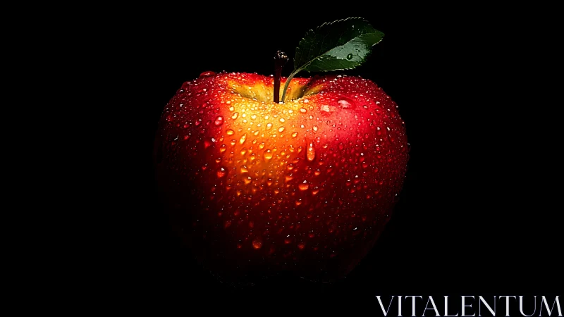 Lustrous red apple with dewdrops on deep black backdrop.
