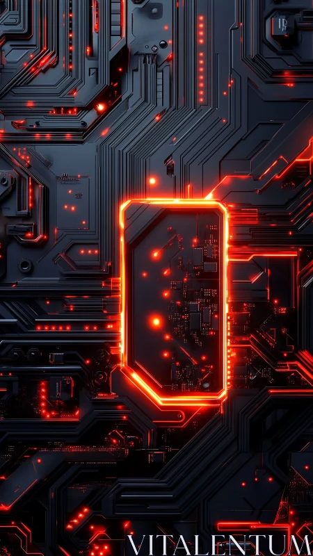 Glowing central chip illuminates dark futuristic circuit board