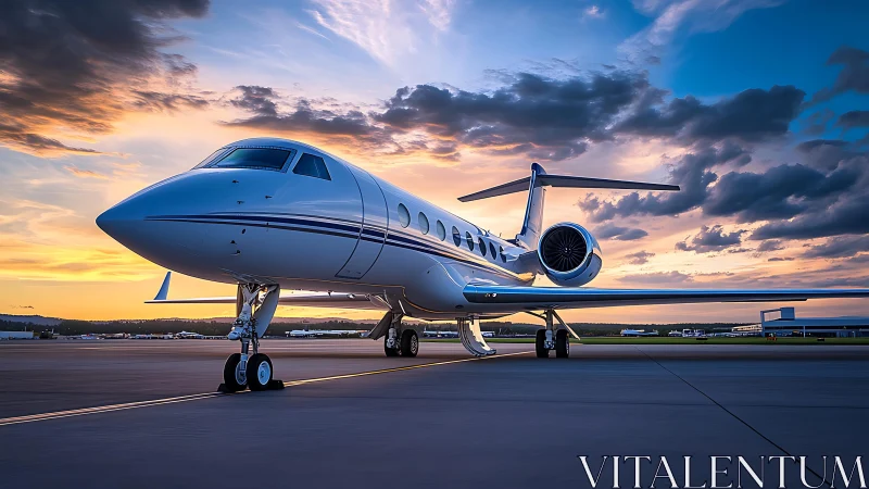 Private jet on runway at sunset under vivid clouds.