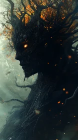 Burning forest titan with ember eyes amid storm haze.