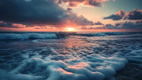 Sunset light intersects low waves and foamy shoreline