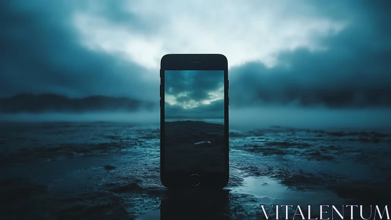 Smartphone centered on wet shoreline under low blue clouds