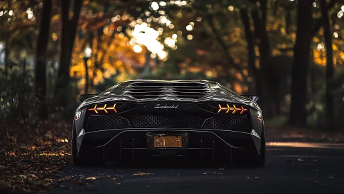 Low-slung supercar glows against a golden autumn forest backdrop.