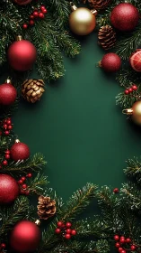 Christmas border with red baubles and pine branches.