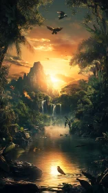 Sunlit jungle river dreaming beneath golden waterfall skies.