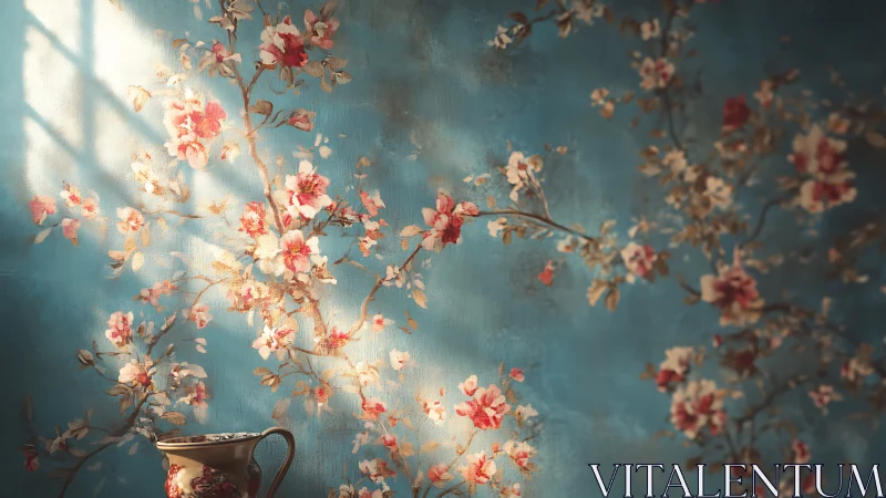 Sunlit teal wall blossoms frame a vintage floral pitcher.